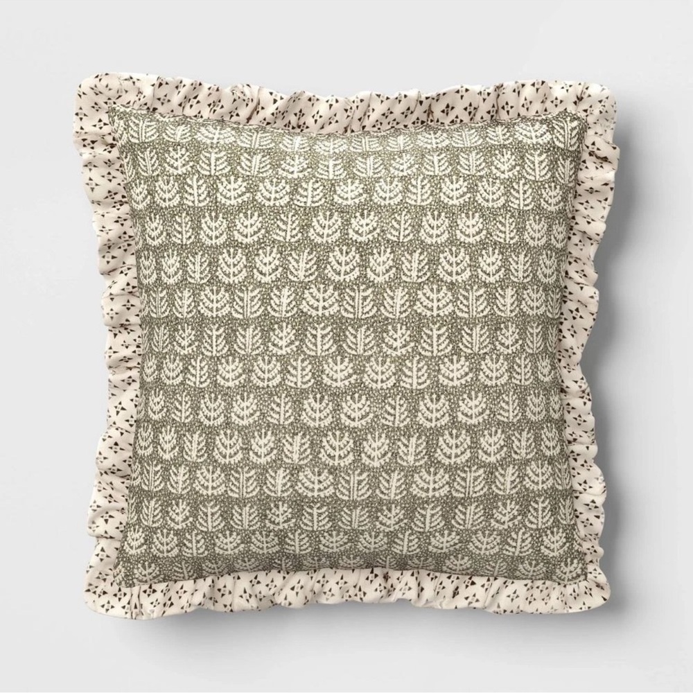 18x18 Square Block Print Reversible Pillow with Ruffle Trim